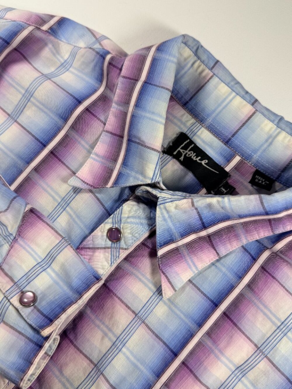 HOWE Mens Western Pearl Snap Shirt Plaid Blue Purple Y2K Cowboy Long Sleeve